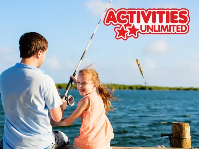 Image of a man and a young girl fishing off a dock. Activities Unlimited logo in top right hand corner